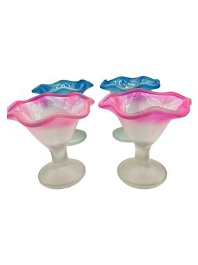 Vintage Frosted Sundae Goblets: Kig Indonesia, Pink & Blue Rim, Set of 4